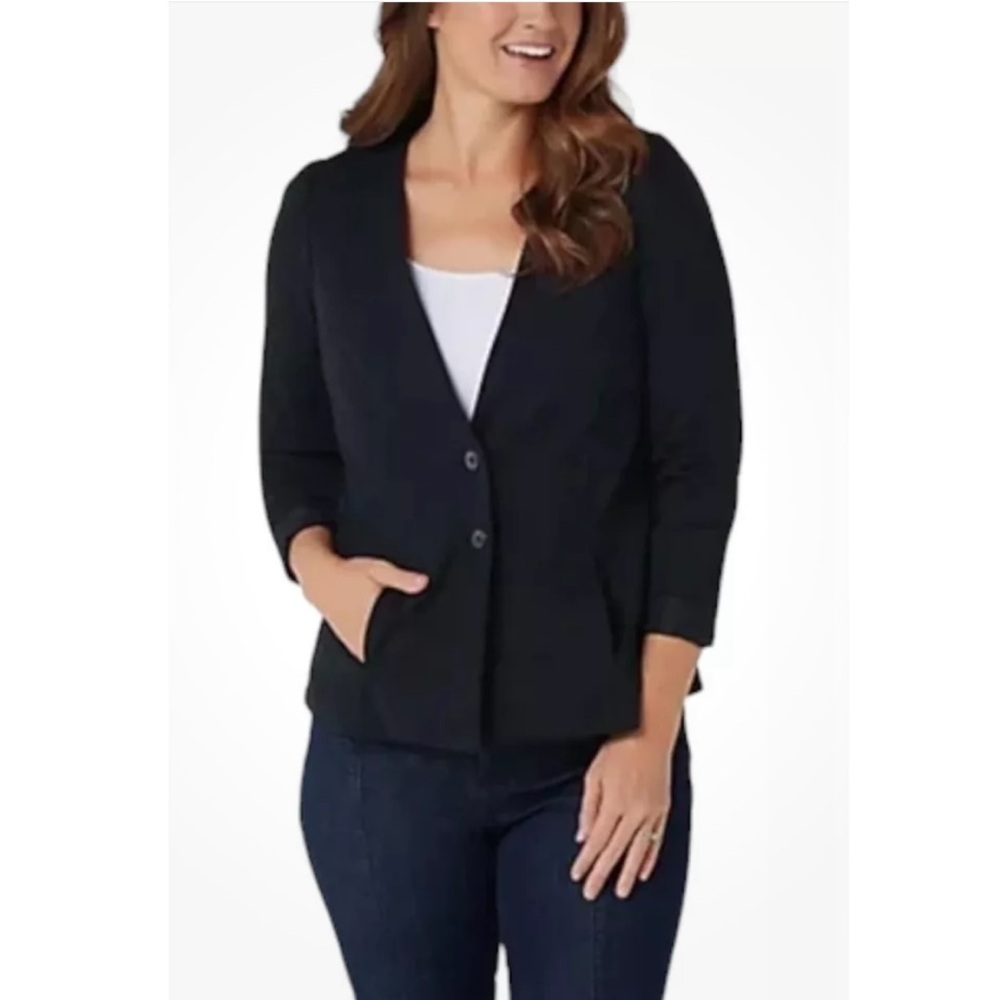 LOGO By Lori Goldstein Black Stylist Ponte Puff Sleeve Jacket Size Large